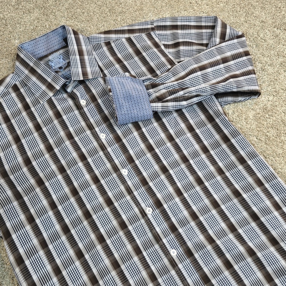 English Laundry Mens Size 16 1/2 34/35 Button Down Shirt Brown Blue Plaid - Picture 2 of 10